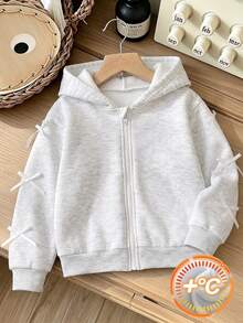 Elladie kids Young Girl Bow Detail Zip Up Sweatshirt Fleece Lined Jacket Cute Ribbon Heather Grey Sweatshirt Winter Warm Outwear For Little Young Girl - Light Grey - View 1
