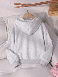Elladie kids Young Girl Bow Detail Zip Up Sweatshirt Fleece Lined Jacket Cute Ribbon Heather Grey Sweatshirt Winter Warm Outwear For Little Young Girl - Light Grey - View 2