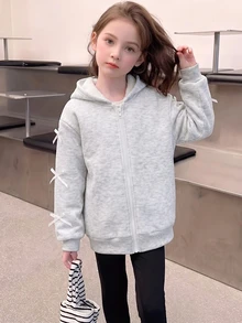 Elladie kids Young Girl Bow Detail Zip Up Sweatshirt Fleece Lined Jacket Cute Ribbon Heather Grey Sweatshirt Winter Warm Outwear For Little Young Girl - Light Grey - View 3