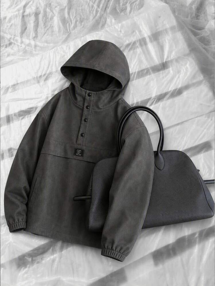 NEON BLANC Men Letter Patched Detail Half Button Hooded Jacket - Grey - View 1
