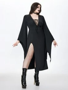 ROMWE Dark Gothic Goth Sexy V-Neck Tie-Up Design Witch Bell Sleeve Slit Plus Size Dress Halloween Party Club Black - Black - View 3