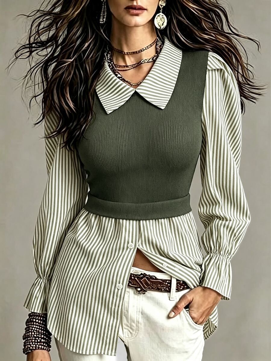 SHEIN Women's Striped Print Simple Daily Long Sleeve Top Fall Cloth For Women - Army Green - View 1