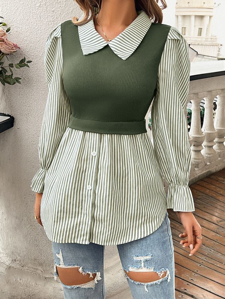 SHEIN Women's Striped Print Simple Daily Long Sleeve Top Fall Cloth For Women - Army Green - View 5
