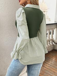 SHEIN Women's Striped Print Simple Daily Long Sleeve Top Fall Cloth For Women - Army Green - View 2