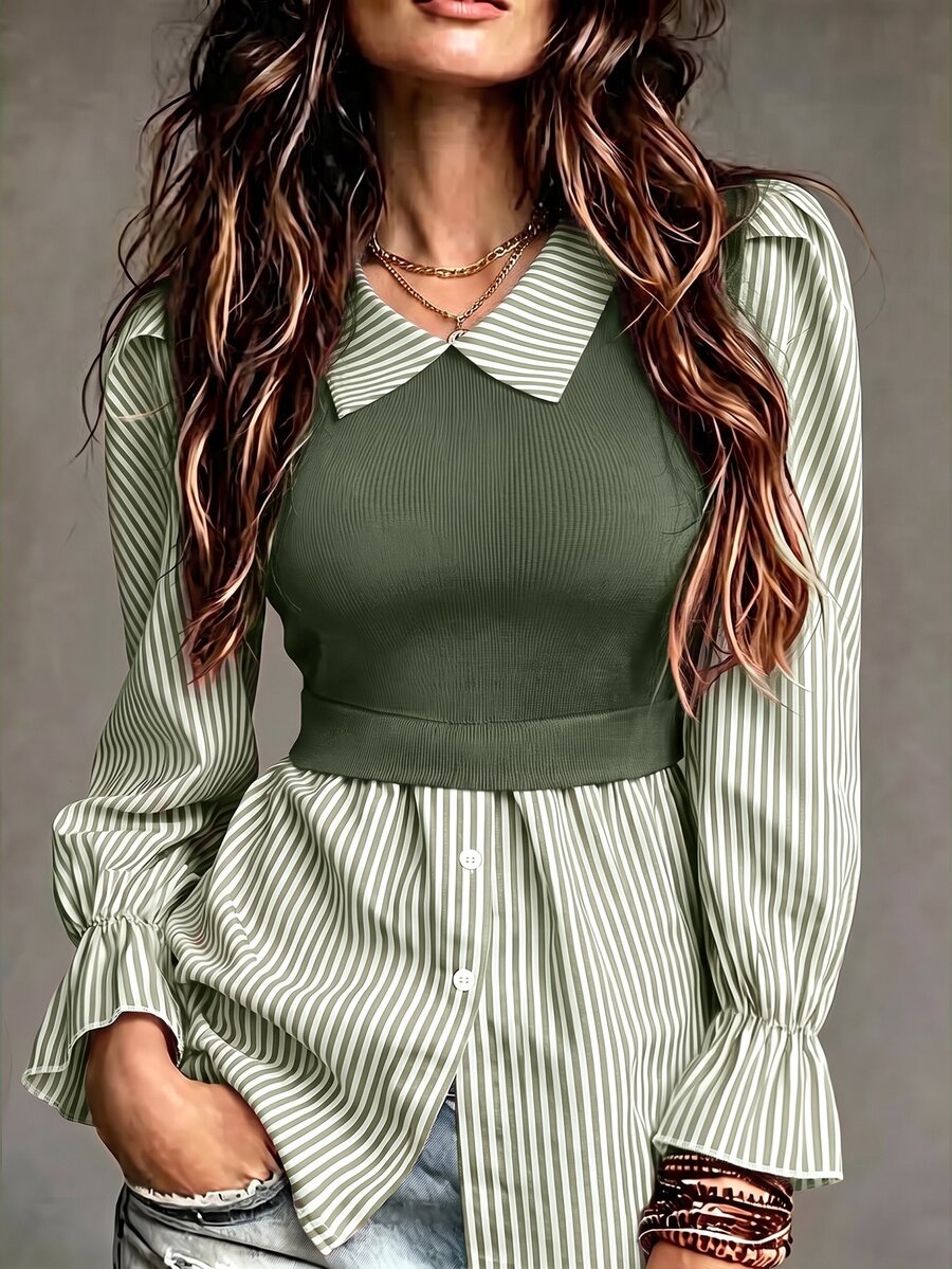 SHEIN Women's Striped Print Simple Daily Long Sleeve Top Fall Cloth For Women - Army Green - View 1