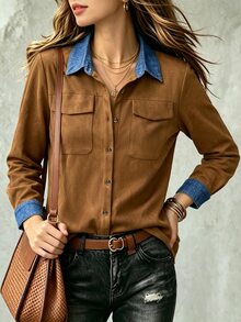 Linhara CURVE Blus Wanita Ukuran Besar Tenun Kasual Gaya Kantor Musim Gugur - Coffee Brown - View 4