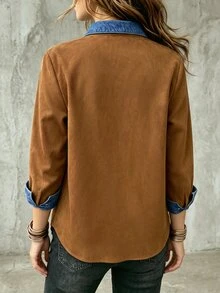 Linhara CURVE Blus Wanita Ukuran Besar Tenun Kasual Gaya Kantor Musim Gugur - Coffee Brown - View 2
