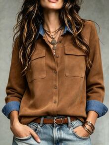 Linhara CURVE Blus Wanita Ukuran Besar Tenun Kasual Gaya Kantor Musim Gugur - Coffee Brown - View 8