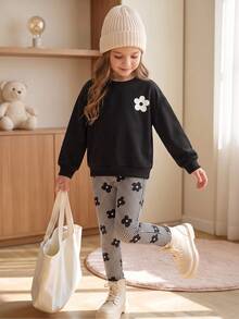 Young Girl Casual Crew Neck Long Sleeve Sweatshirt & Leggings 2 Pieces Set, Suitable For Autumn/Winter Back To School Pull Autumn And Winter - Multicolor - View 4