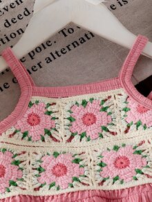 SHEIN 女嬰粉色花卉刺繡細肩帶上衣與純色長褲 2 件套可愛夏季休閒時尚陽光度假戶外套裝 - 粉色 - 查看 6