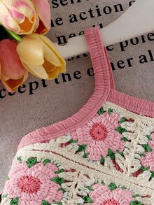 SHEIN 女嬰粉色花卉刺繡細肩帶上衣與純色長褲 2 件套可愛夏季休閒時尚陽光度假戶外套裝 - 粉色 - 查看 5