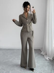 Elenzga Women's 2 Pieces Suit Set, Herringbone Wool Blend Brushed Fabric, Comfortable Minimalist Elegant Commuter Outfit, Summer/ Office Coffee Brown - Brown - View 11