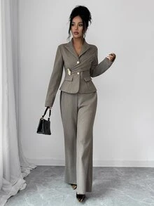 Elenzga Women's 2 Pieces Suit Set, Herringbone Wool Blend Brushed Fabric, Comfortable Minimalist Elegant Commuter Outfit, Summer/ Office Coffee Brown - Brown - View 8