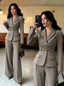 Elenzga Women's 2 Pieces Suit Set, Herringbone Wool Blend Brushed Fabric, Comfortable Minimalist Elegant Commuter Outfit, Summer/ Office Coffee Brown - Brown - View 3