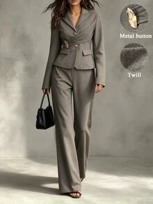 Elenzga Women's 2 Pieces Suit Set, Herringbone Wool Blend Brushed Fabric, Comfortable Minimalist Elegant Commuter Outfit, Summer/ Office Coffee Brown - Brown - View 1