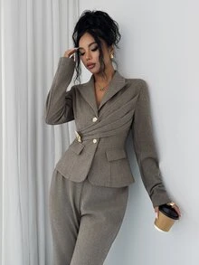 Elenzga Women's 2 Pieces Suit Set, Herringbone Wool Blend Brushed Fabric, Comfortable Minimalist Elegant Commuter Outfit, Summer/ Office Coffee Brown - Brown - View 5