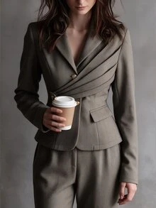 Elenzga Women's 2 Pieces Suit Set, Herringbone Wool Blend Brushed Fabric, Comfortable Minimalist Elegant Commuter Outfit, Summer/ Office Coffee Brown - Brown - View 4