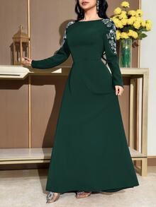 Modelyn Women's Beaded Floral Decor V-Neck Elegant Party Dress - Dark Green - View 4