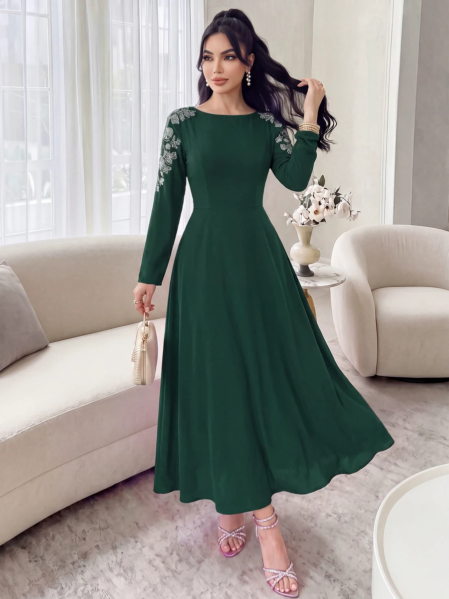 Modelyn Women's Beaded Floral Decor V-Neck Elegant Party Dress - Dark Green - View 1
