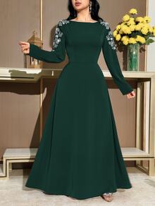 Modelyn Women's Beaded Floral Decor V-Neck Elegant Party Dress - Dark Green - View 2