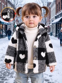 Baby Girl Fuzzy Hooded Jacket, Cute Heart Print Plaid Plush Coat, Autumn Winter Long Sleeve Button Up Outwear For Toddler Infant - Black and White - View 10