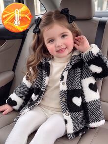 Baby Girl Fuzzy Hooded Jacket, Cute Heart Print Plaid Plush Coat, Autumn Winter Long Sleeve Button Up Outwear For Toddler Infant - Black and White - View 8