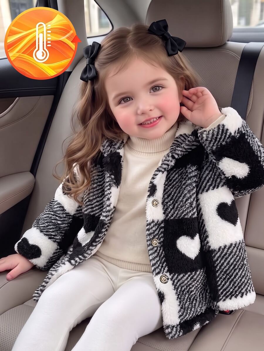 Baby Girl Fuzzy Hooded Jacket, Cute Heart Print Plaid Plush Coat, Autumn Winter Long Sleeve Button Up Outwear For Toddler Infant - Black and White - View 1