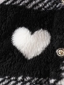 Baby Girl Fuzzy Hooded Jacket, Cute Heart Print Plaid Plush Coat, Autumn Winter Long Sleeve Button Up Outwear For Toddler Infant - Black and White - View 5