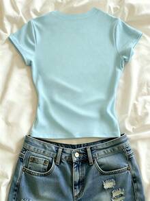 IslaSuriya Mint Blue Flowers Pattern Casual Graphic Tee,Summer,Beach,Gift For Sister,Y2k Top - Mint Blue - View 2