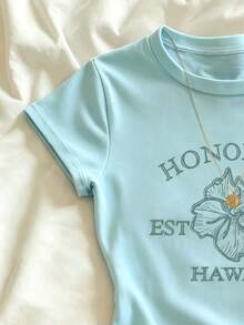 IslaSuriya Mint Blue Flowers Pattern Casual Graphic Tee,Summer,Beach,Gift For Sister,Y2k Top - Mint Blue - View 3