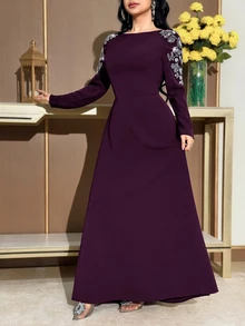 Modelyn 女士串珠花卉装饰V领长袖优雅连衣裙 - 紫色 - 查看 5