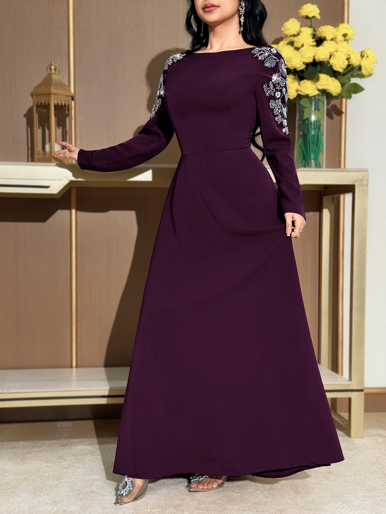 Modelyn 女士串珠花卉装饰V领长袖优雅连衣裙 - 紫色 - 查看 4