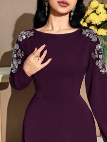 Modelyn 女士串珠花卉装饰V领长袖优雅连衣裙 - 紫色 - 查看 4