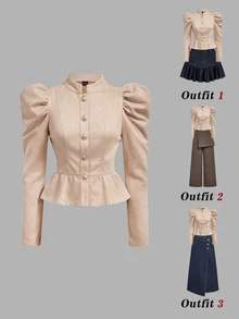 SHEIN MOD Tan Stand Collar Metal Button Leg-Of-Gigot Sleeve Vintage Elegant Jacket Office Autumn,Country,Chic,Autumn Clothes For Women, - Khaki - View 2