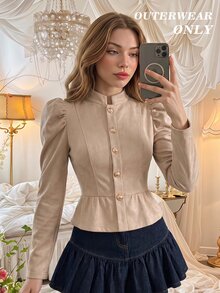 SHEIN MOD Tan Stand Collar Metal Button Leg-Of-Gigot Sleeve Vintage Elegant Jacket Office Autumn,Country,Chic,Autumn Clothes For Women, - Khaki - View 6