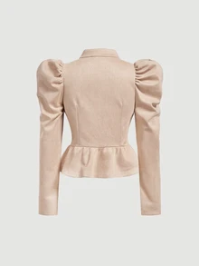 SHEIN MOD Tan Stand Collar Metal Button Leg-Of-Gigot Sleeve Vintage Elegant Jacket Office Autumn,Country,Chic,Autumn Clothes For Women, - Khaki - View 4