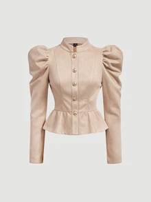 SHEIN MOD Tan Stand Collar Metal Button Leg-Of-Gigot Sleeve Vintage Elegant Jacket Office Autumn,Country,Chic,Autumn Clothes For Women, - Khaki - View 5