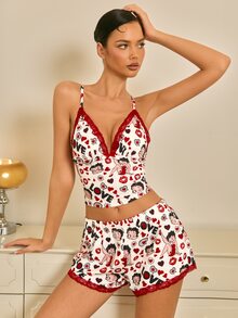 Betty Boop x SHEIN Women's X Lace Patchwork Cartoon Print Camisole And Shorts Pajama Set - Red and White - View 1