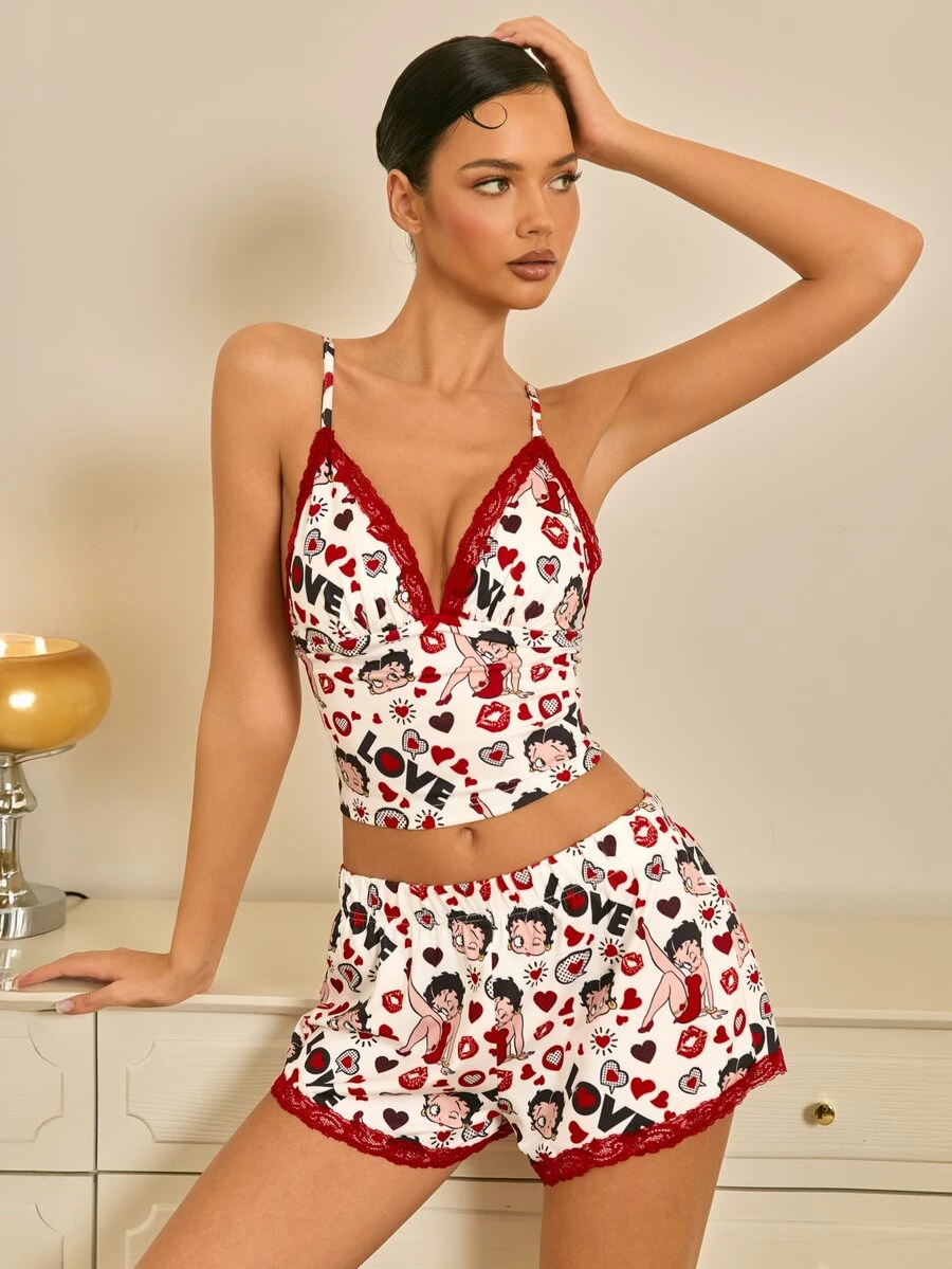Betty Boop x SHEIN Women's X Lace Patchwork Cartoon Print Camisole And Shorts Pajama Set - Red and White - View 1