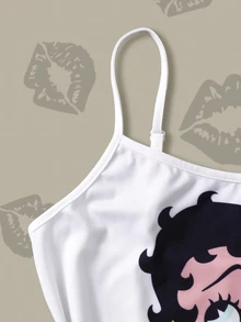 Betty Boop x SHEIN Women's Cute Cartoon Print Camisole And Shorts Pajama Set, Summer - Red and White - View 7