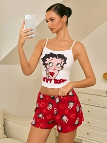 Betty Boop x SHEIN Women's Cute Cartoon Print Camisole And Shorts Pajama Set, Summer - Red and White - View 5