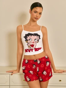 Betty Boop x SHEIN Women's Cute Cartoon Print Camisole And Shorts Pajama Set, Summer - Red and White - View 1
