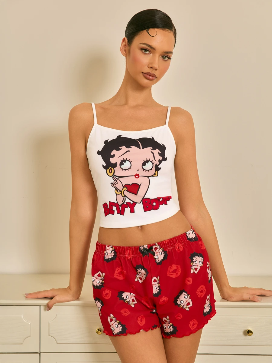 Betty Boop x SHEIN Women's Cute Cartoon Print Camisole And Shorts Pajama Set, Summer - Red and White - View 1