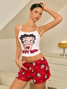 Betty Boop x SHEIN Women's Cute Cartoon Print Camisole And Shorts Pajama Set, Summer - Red and White - View 6