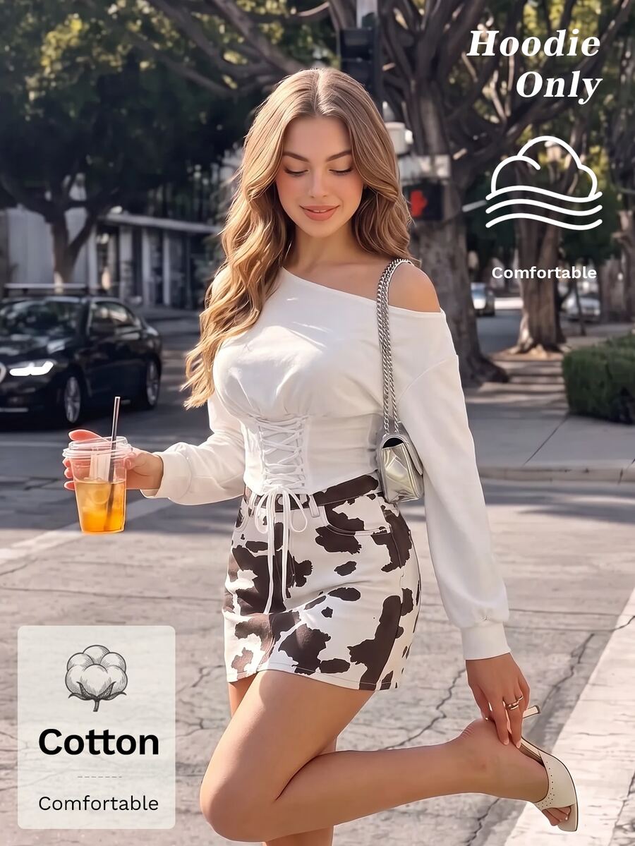 SHEIN MOD White Asymmetrical Shoulder Asymmetrical Tie Long Sleeve Sweatshirt Halloween Going Out Party Night Out Autumn Sexy - White - View 1