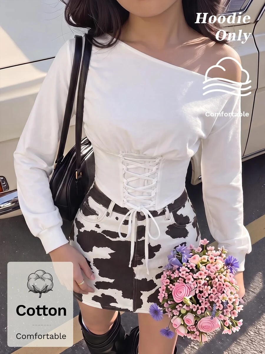 SHEIN MOD White Asymmetrical Shoulder Asymmetrical Tie Long Sleeve Sweatshirt Halloween Going Out Party Night Out Autumn Sexy - White - View 1