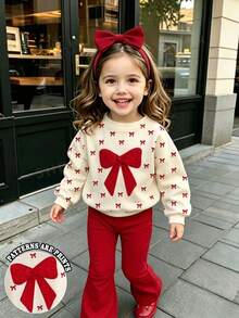 Baby Girl Glitter Bow Print Crew Neck Sweatshirt & Flare Pants 2pcs Set, Autumn Daily Kindergarten - Multicolor - View 1
