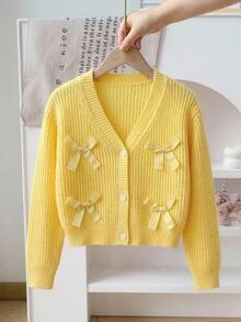 Fashionable Cute Yellow Plaid Knit Cardigan With Bow For Little Girls - Pink - View 7
