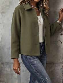 Holdful Holdful Women's Solid Color Raglan Long Sleeve Single-Breasted Casual Overcoat, Autumn/Winter Office Everyday Going Out Work Olive Green - Army Green - View 5