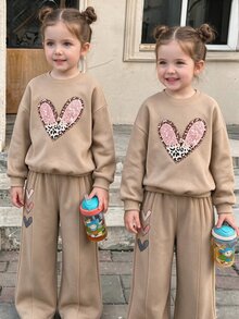 Girls' Fashionable Comfortable Gradient Heart Print Crew Neck Long Sleeve Sweatshirt And Wide Leg Pants 2pcs Set In Khaki Autumn Winter - White - View 8